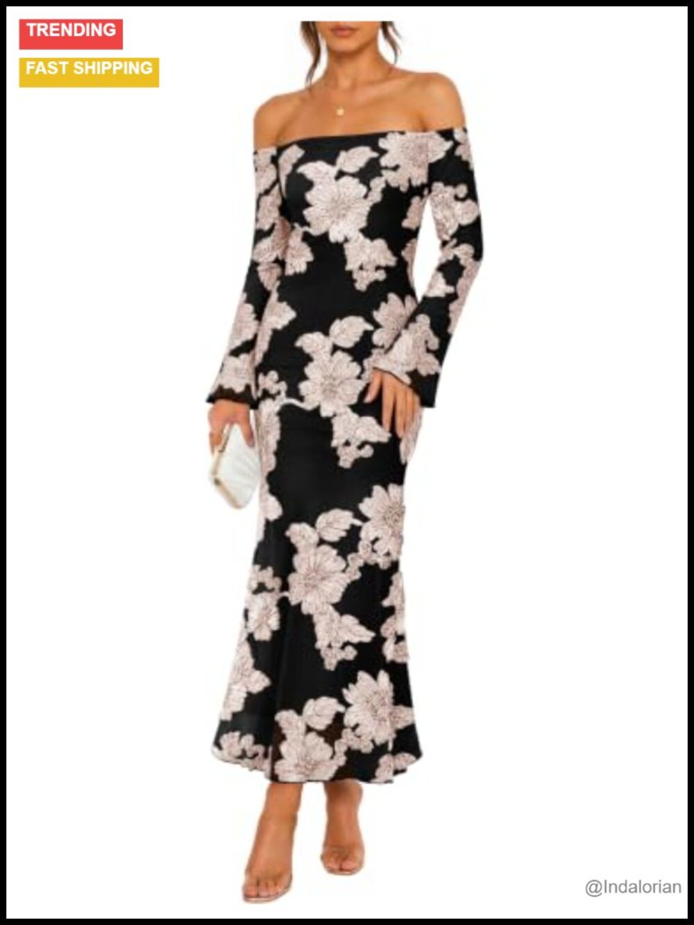 Off Shoulder Floral Mesh Maxi Dress Long Sleeve Formal Wedding Guest